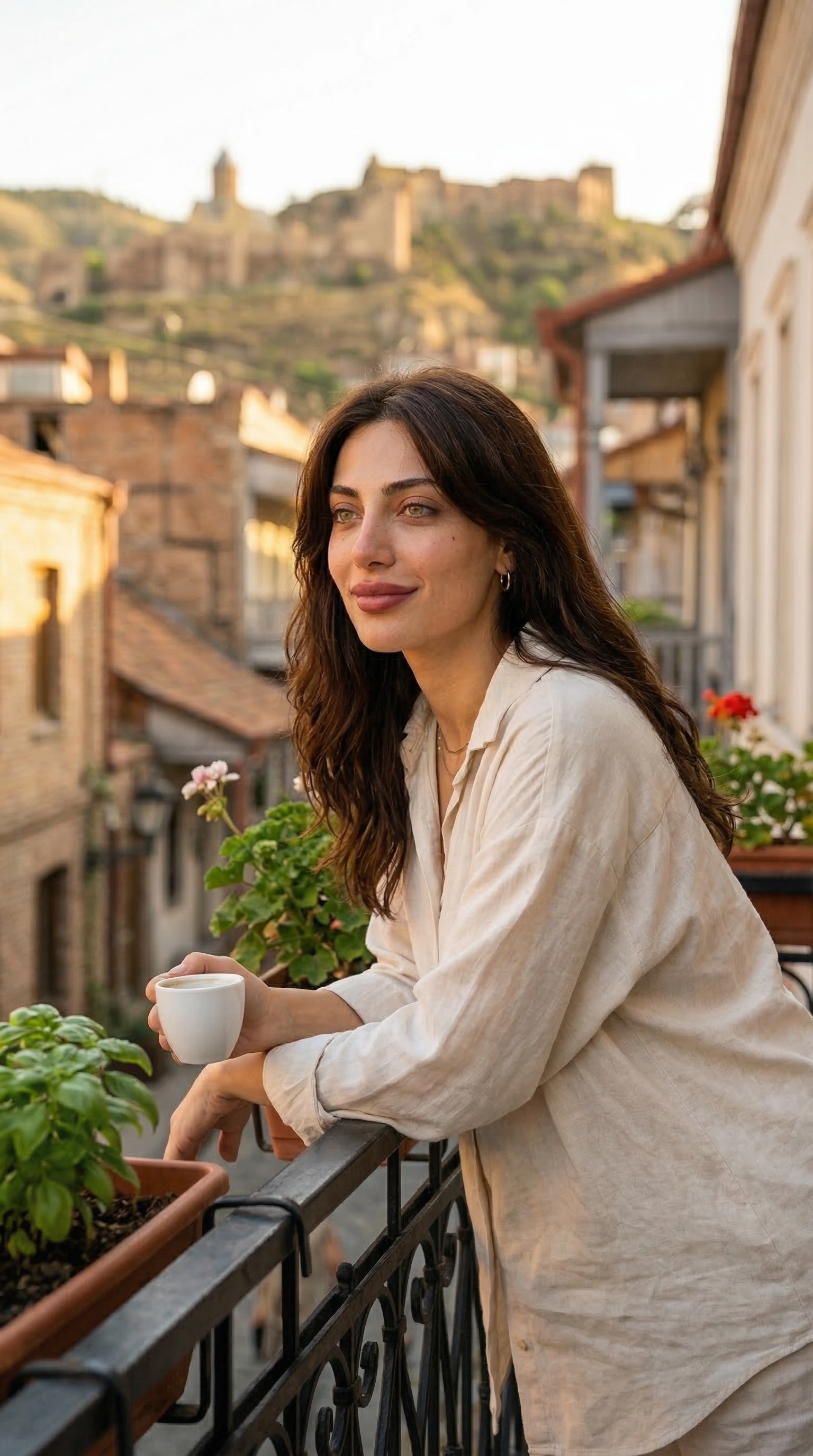 Nini on Sololaki balcony, golden hour